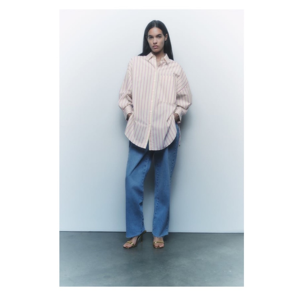 Zara Pink and White Striped Button-Down Shirt